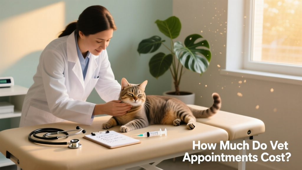 A gentle veterinarian examining a relaxed cat during a wellness checkup, with basic tools visible on the exam table