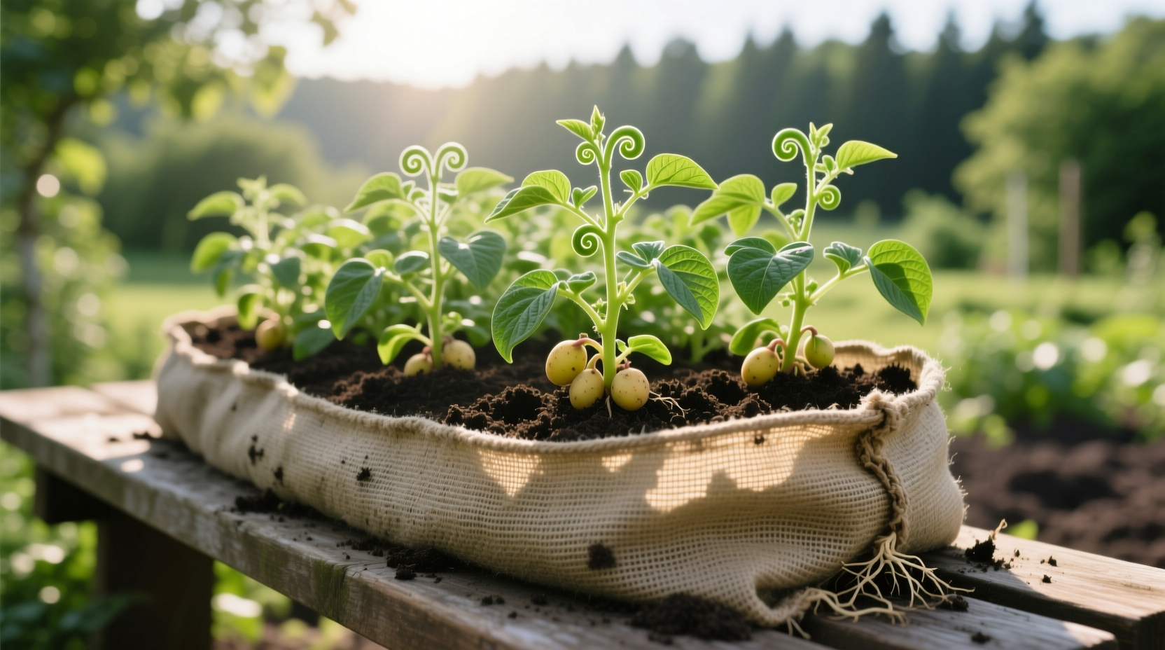 Properly filled potato grow bag with emerging plants