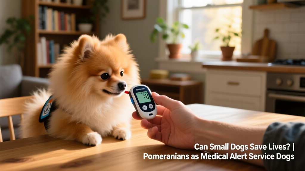 A Pomeranian gently nudging a hand holding a glucose monitor, demonstrating a medical alert behavior