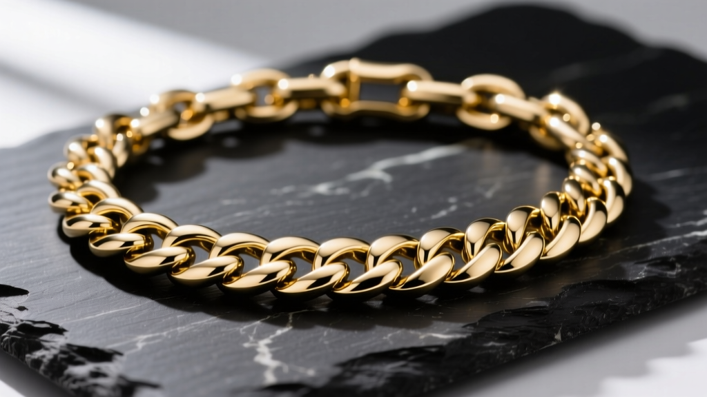 Close-up of polished 316L stainless steel Cuban link chain with a mirror-like PVD gold finish resting on a dark slate surface