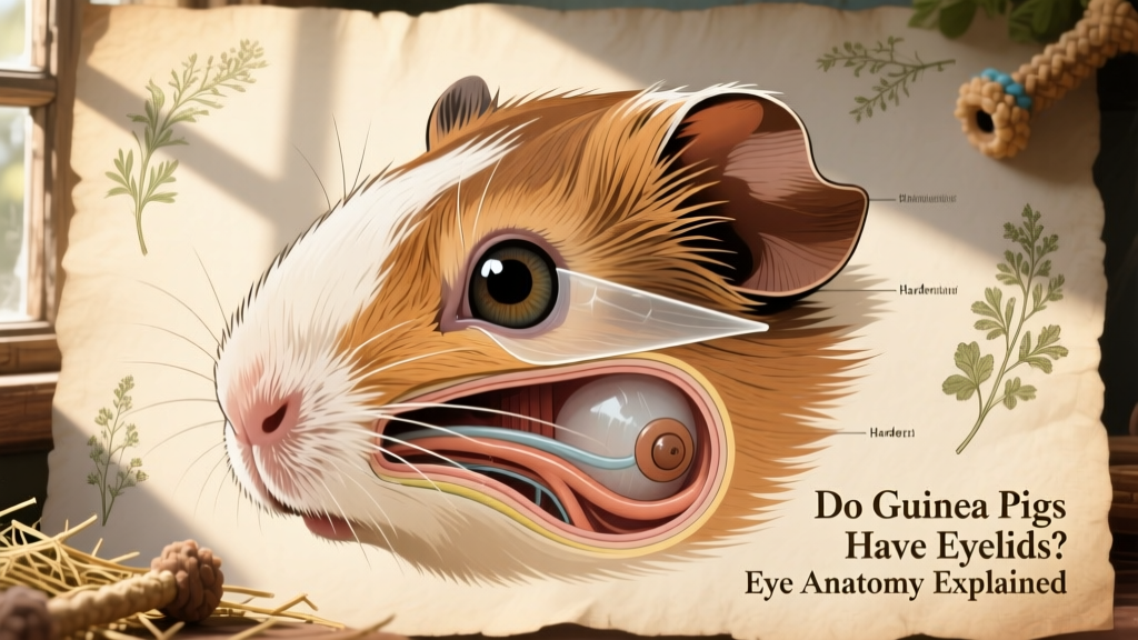 Diagram illustrating guinea pig eye anatomy, highlighting eyelids, nictitating membrane, and Harderian gland