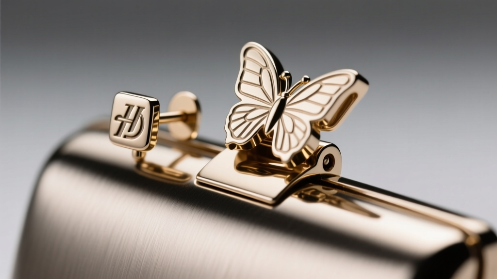 Close-up of earring post and butterfly clutch revealing deep laser-engraved brand hallmark and secure friction groove on metal.