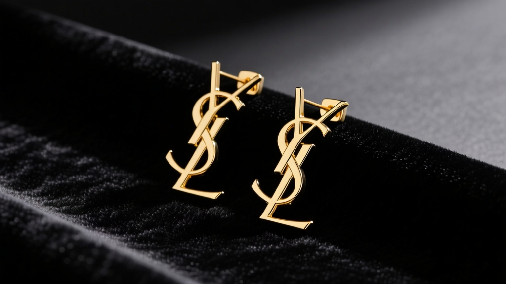 Gold-tone Saint Laurent interlocking logo drop earrings on black velvet, studio lighting, high contrast luxury flat lay