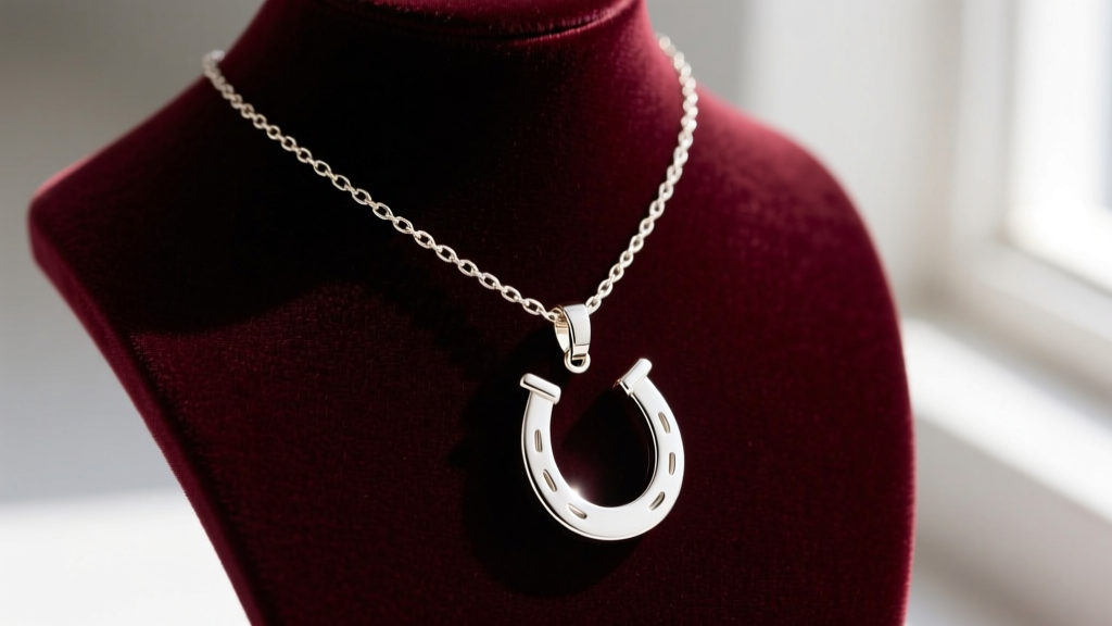 A 1.2mm white gold box chain passing through the bail of a white gold horseshoe pendant resting on a dark velvet jewelry display bust