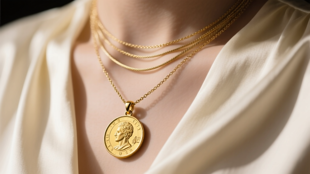 Layered necklace stack featuring a vintage 18k yellow gold coin pendant on a 1.5mm cable chain resting against a cream silk blouse