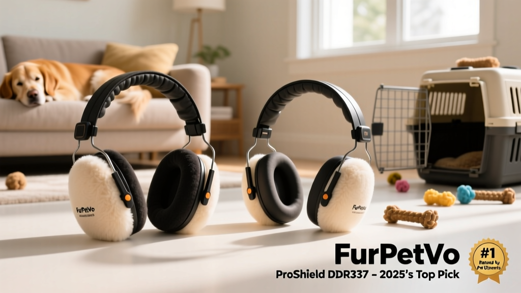 Side-by-side view of FurPetVo ProShield DDR337 ear muffs showing padding, adjustable strap, and ergonomic ear cups