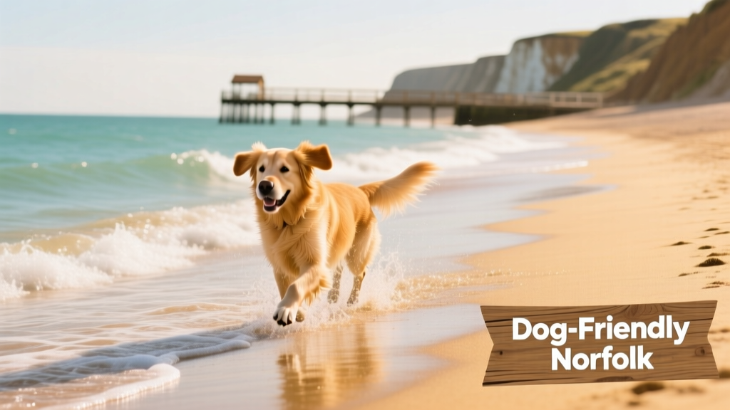 A golden sandy beach with gentle waves and a dog running joyfully along the water's edge
