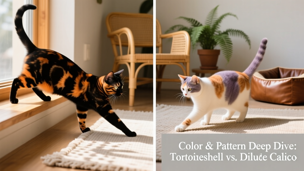 Side-by-side comparison of a classic tortoiseshell and a dilute calico cat