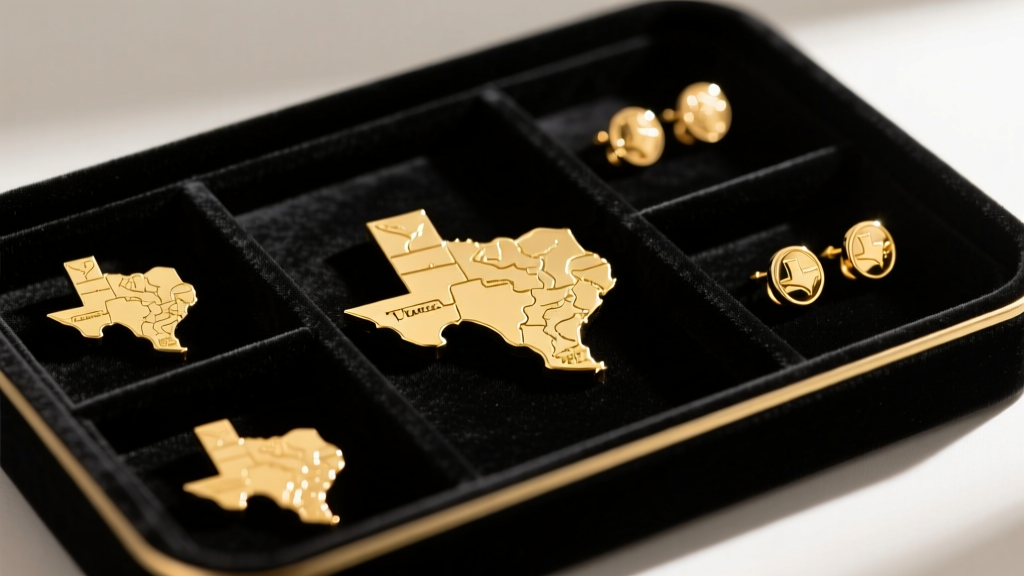 Velvet tray with individual compartments storing polished gold Texas map stud earrings safely apart to prevent surface scratching