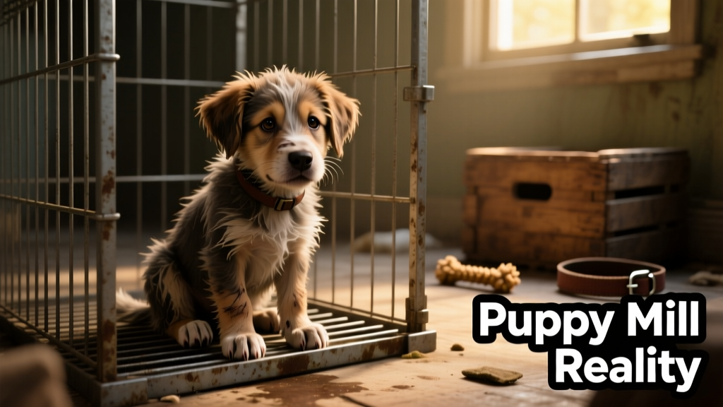 A distressed-looking puppy in a cramped, wire-bottom cage with visible soiling