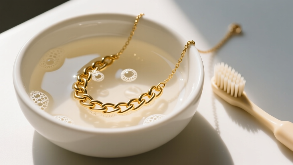 Overhead view of a gold-plated brass chain necklace in a ceramic bowl with warm soapy water and a soft baby toothbrush nearby