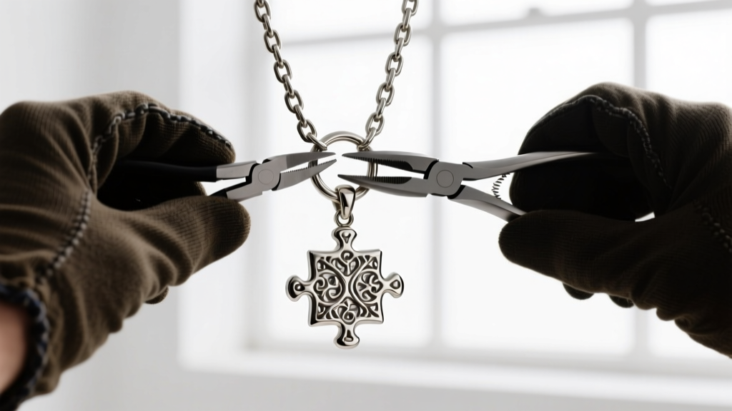 Jeweler using flat-nose pliers to securely close a thick 16-gauge stainless steel jump ring on a heavy puzzle pendant chain.