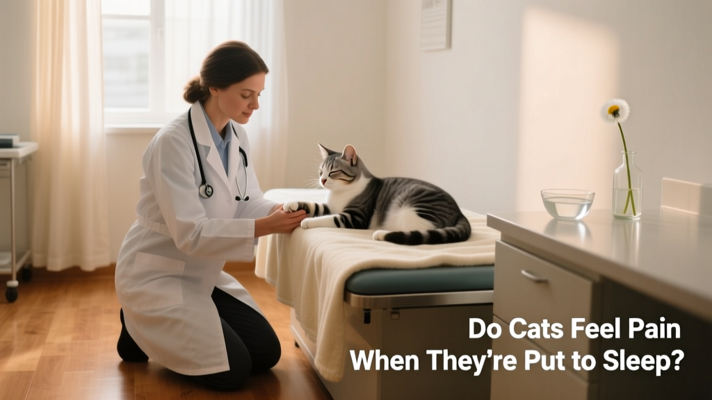 A calm, quiet veterinary exam room with soft lighting, where a veterinarian gently holds a cat’s paw during a compassionate end-of-life visit