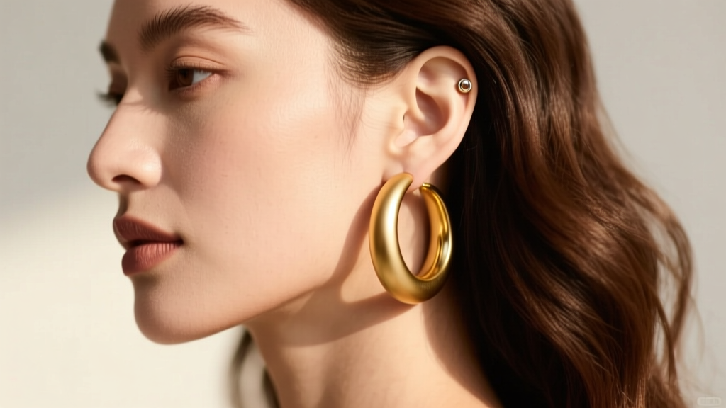 Side profile of a woman with a lobed piercing wearing 15mm matte-finish chunky gold hoops, natural sunlight casting soft shadows.