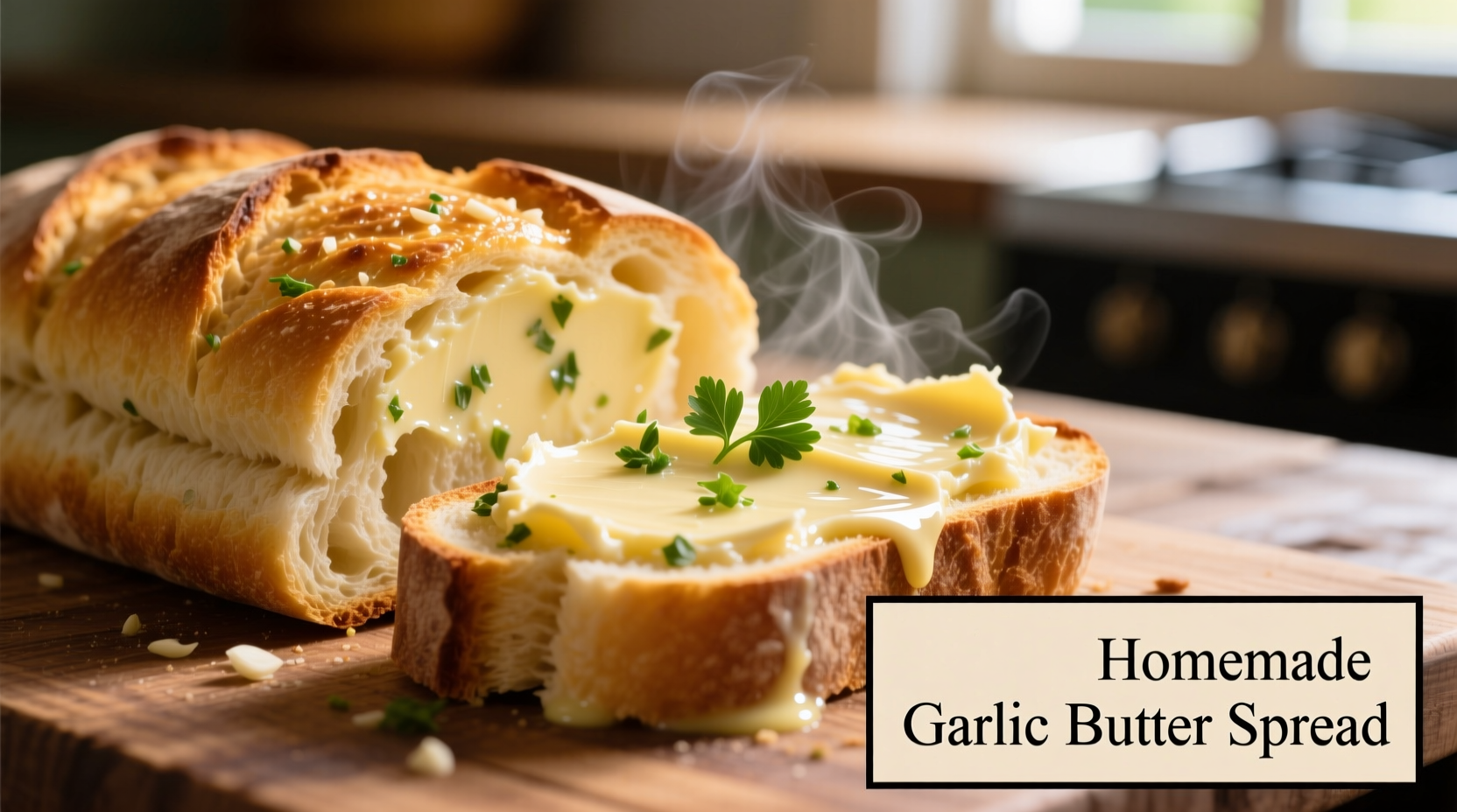 Homemade garlic butter spread on golden garlic bread
