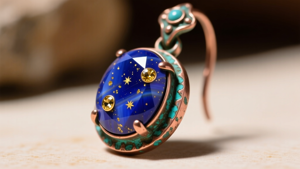 Macro shot of lapis lazuli in an oxidized copper Tibetan earring, showing natural gold pyrite inclusions in the deep blue stone