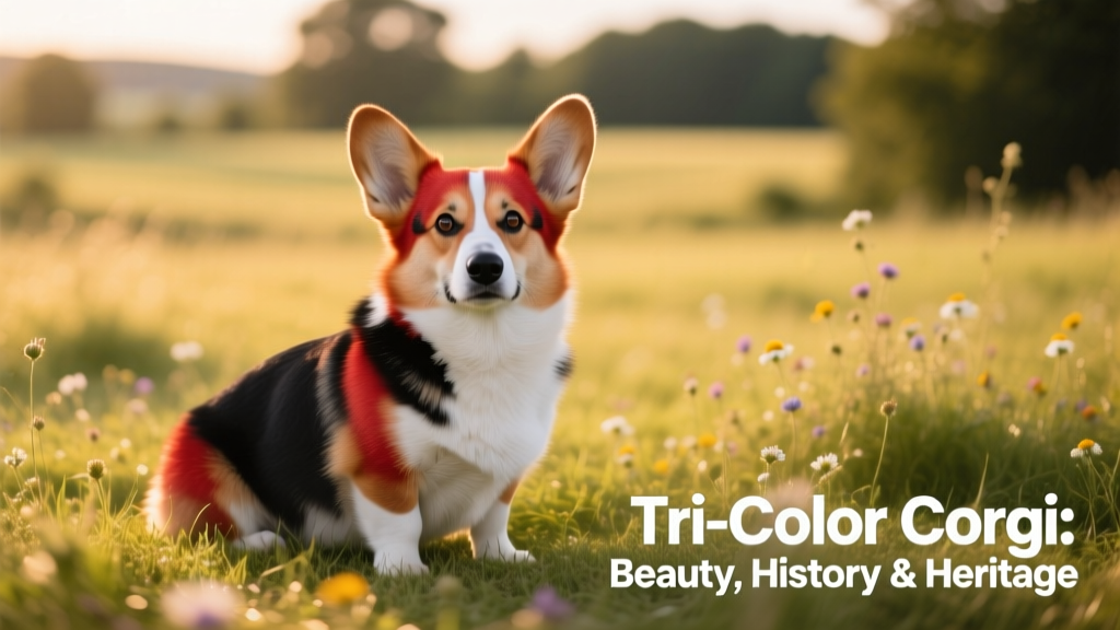 A tri-color Pembroke Welsh Corgi sitting alertly on grass, showcasing its red, black, and white coat pattern