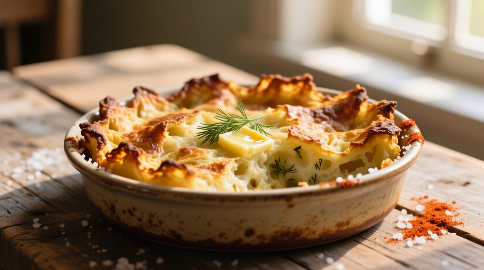 Golden brown potato kugel with crispy edges in baking dish