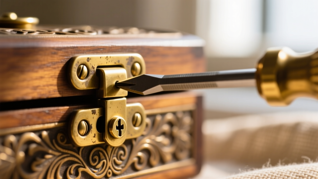Macro shot of a brass hinge on a jewelry box being tightened with a precision flathead screwdriver under bright natural light.