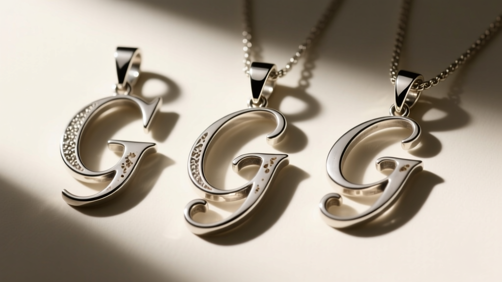 Macro shot comparing three letter G pendant typographies in oxidized sterling silver, showcasing sharp serif and script edges.