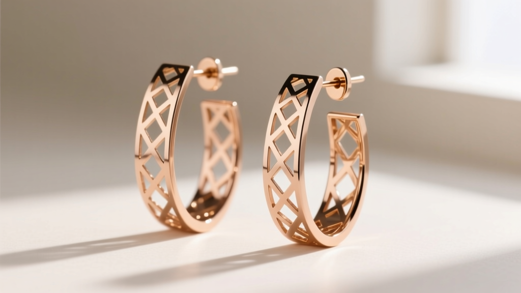 Side profile of laser-cut 18k rose gold sheet earrings with geometric lace patterns, highlighting clean edges and polished finish