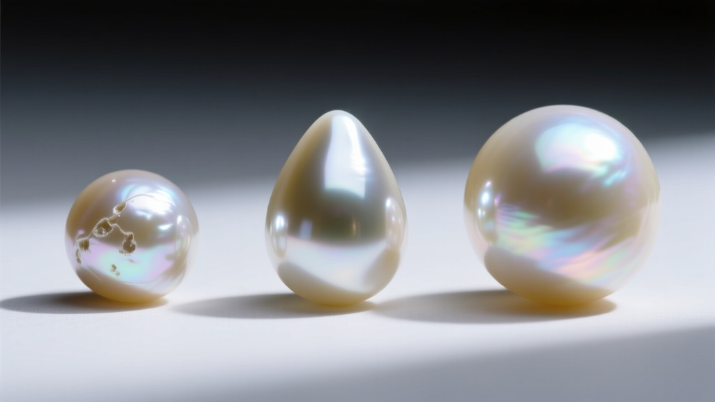 Macro shot comparing three teardrop pearls: a blemished freshwater pearl, a reflective Akoya, and a large glowing South Sea pearl.