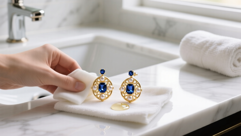 Luxury fashion earrings being gently cleaned with a microfiber cloth and mild soap solution on a pristine white bathroom vanity top