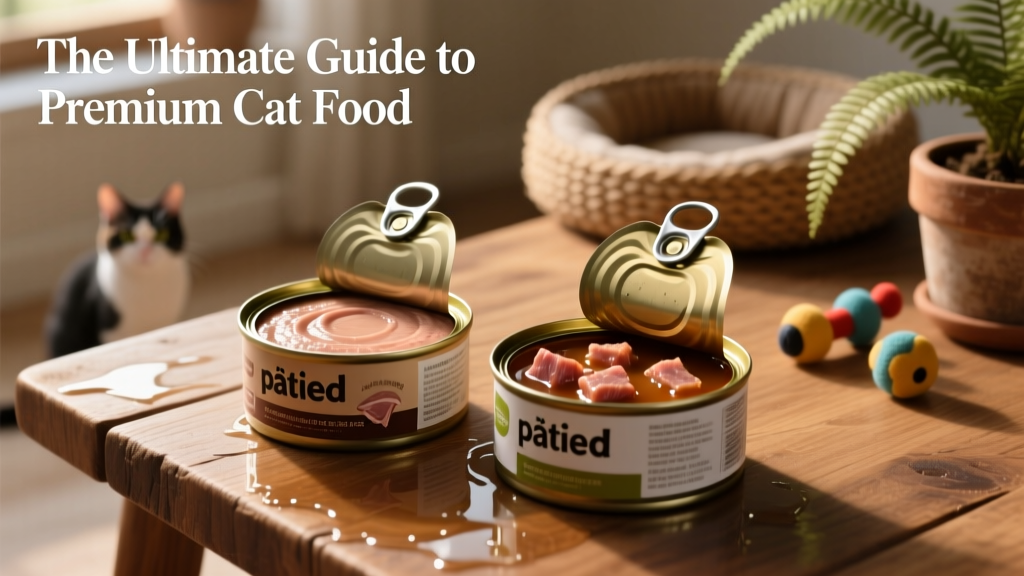 Two open wet food cans—one pate-style, one in gravy—with visible meat shreds and glistening broth
