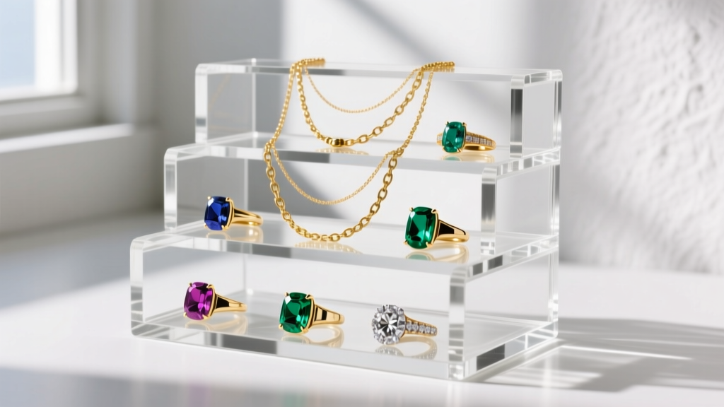 Close-up of a modular borosilicate glass jewelry organizer with acrylic dividers holding layered gold necklaces and gemstone rings.