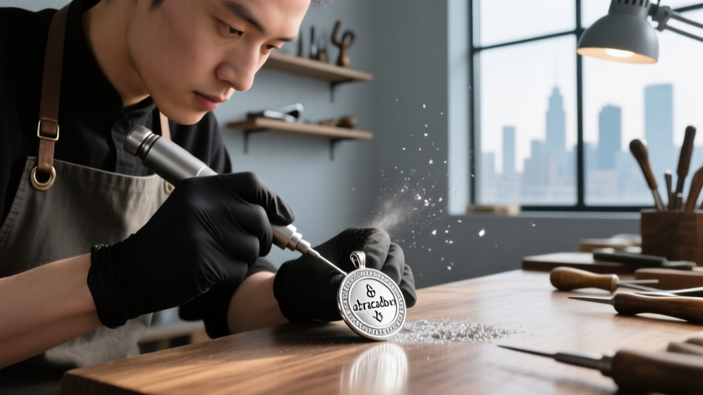 Side view of a jeweler using a pneumatic graver to carve micro-text into a sterling silver abracadabra amulet blank on a bench.