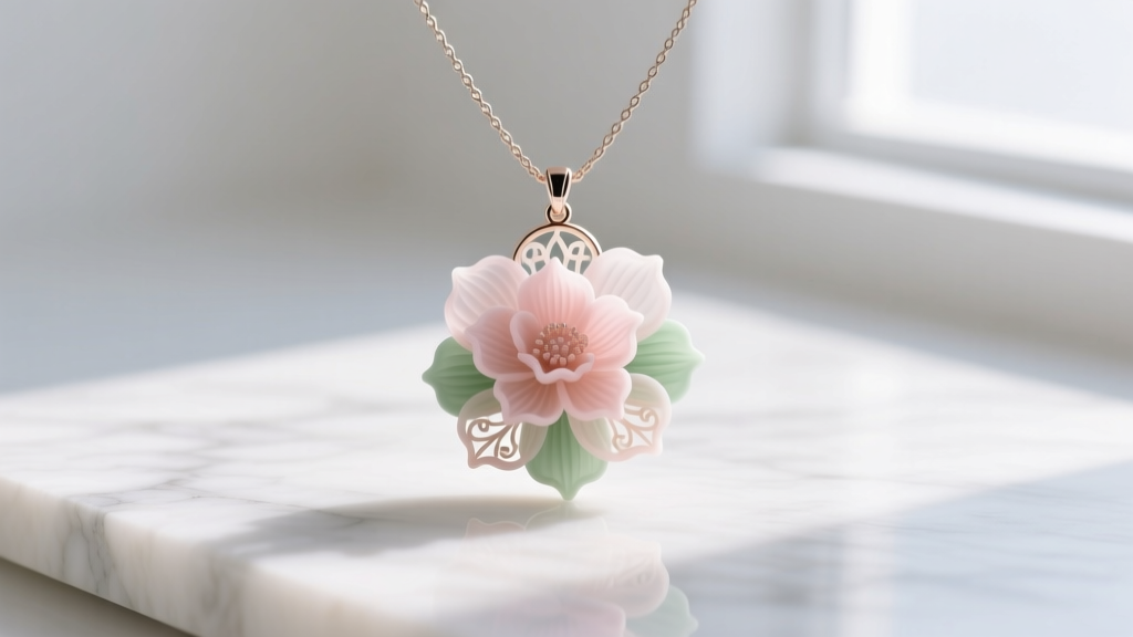 Macro shot of a lightweight 3D printed resin floral pendant necklace with matte finish, resting on white marble, highly detailed.