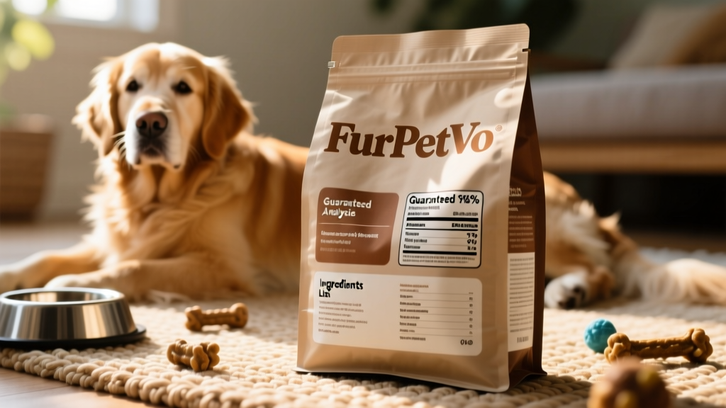 Close-up of a FurPetVo dog food bag showing key label elements: brand name, guaranteed analysis, and ingredients list