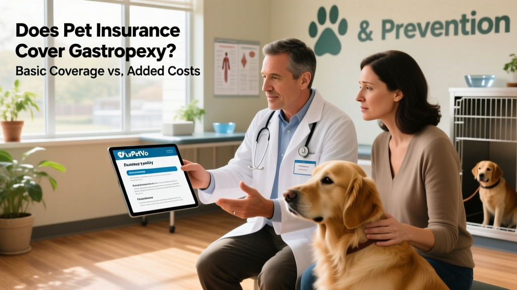 Side-by-side comparison: a vet explaining a treatment plan to a dog owner, with FurPetVo policy documents open on a tablet