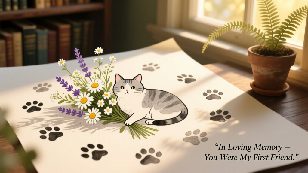 Hand-drawn memorial sketch of a cat surrounded by flowers and paw prints