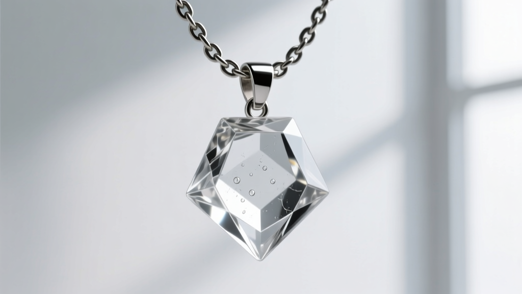Macro shot of geometric clear resin pendant on an oxidized sterling silver chain, showing flawless, glass-like polished edges.