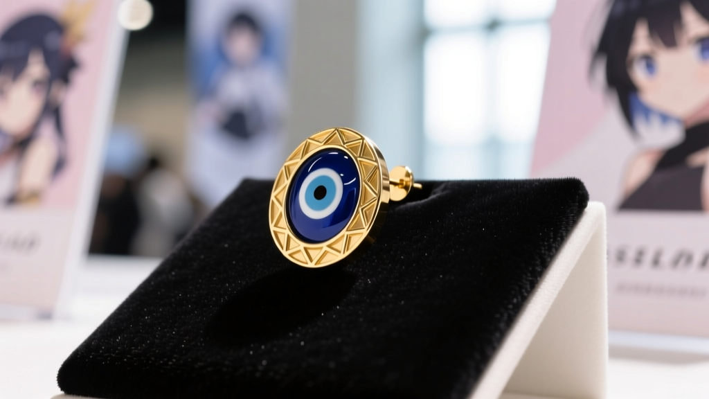 Close-up of a 20-gauge titanium evil eye earring with blue enamel and gold bezel, resting on dark velvet anime convention display