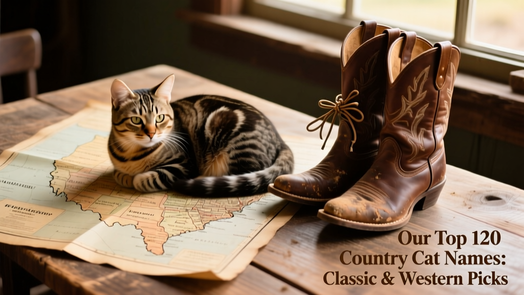 A tabby cat curled up beside a weathered map of the American Southwest and a pair of cowboy boots