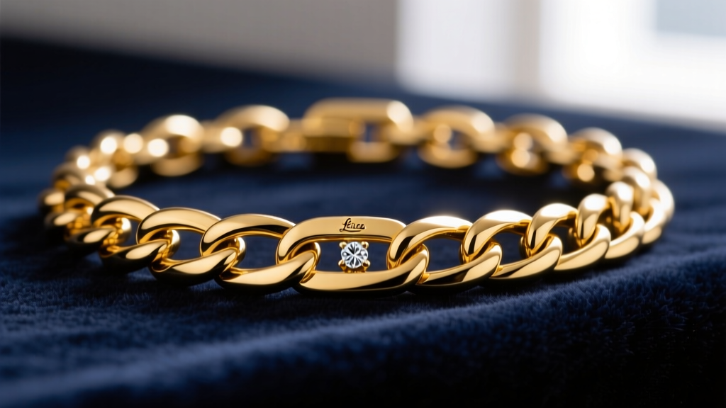 Close-up of an 18k yellow gold Italian figaro chain on velvet, focusing on interlocking links and a tiny diamond hallmark stamp
