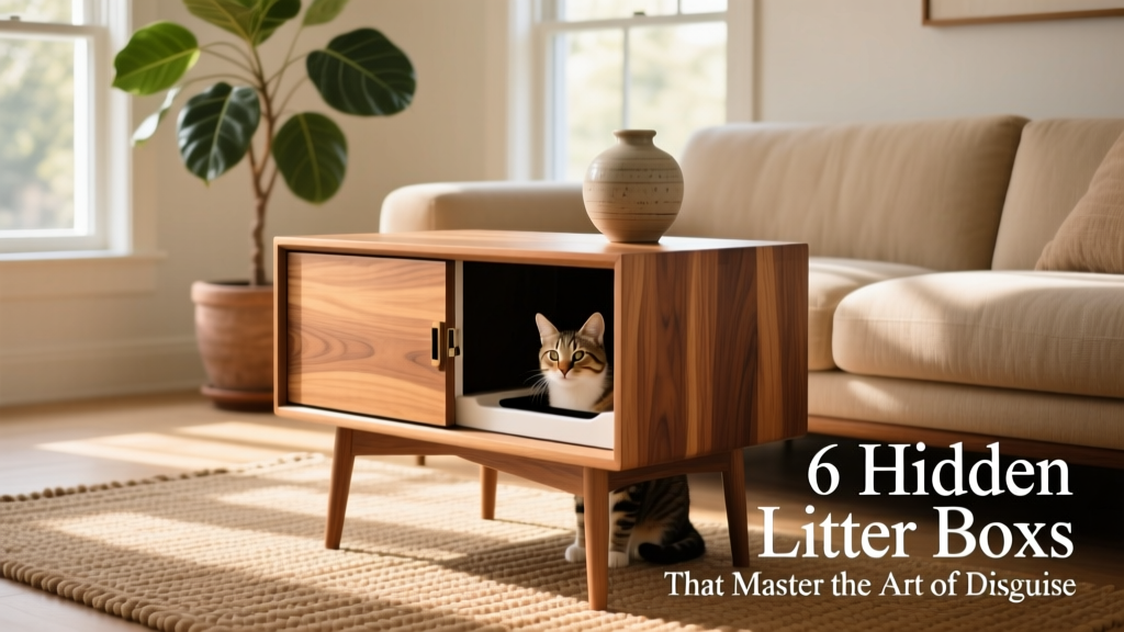 A modern, wood-finished hidden litter box styled as a side table in a bright living room