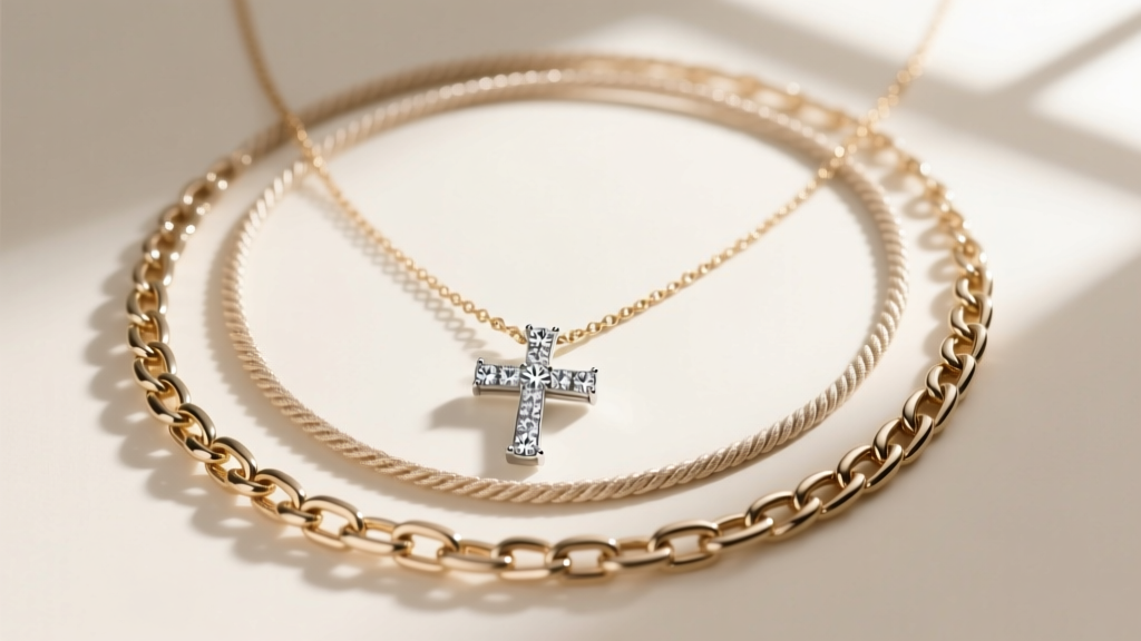 Profile of layered necklaces featuring a 20-inch rope chain and an 18-inch Cuban link holding a delicate diamond cross pendant.