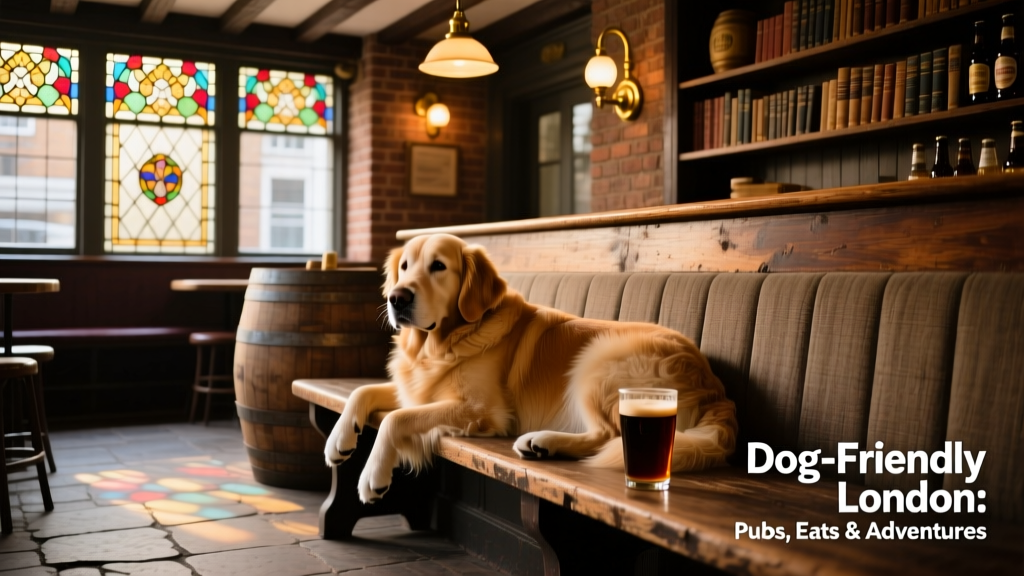 A golden retriever resting comfortably beside a wooden bench inside a cozy, timber-framed historic pub with stained-glass windows and warm lighting