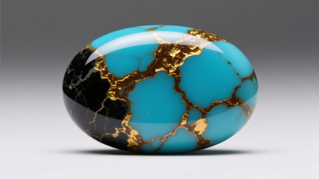 Macro close-up of high-grade Royston turquoise cabochon showing intricate golden-brown limonite webbing and dark matrix patterns