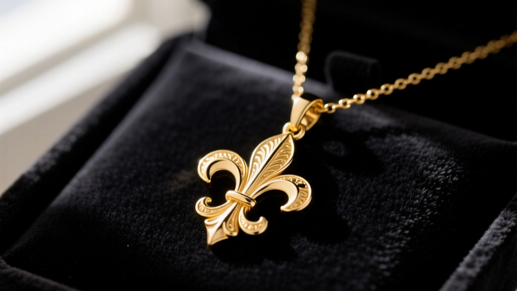 Macro shot of a gold vermeil Catherine Popesco France necklace pendant with intricate fleur-de-lis motif resting on dark velvet.