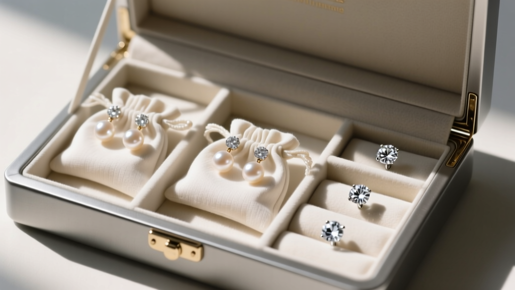 Open anti-tarnish jewelry box showing pearl earring jackets stored separately from diamond studs in individual soft cotton pouches