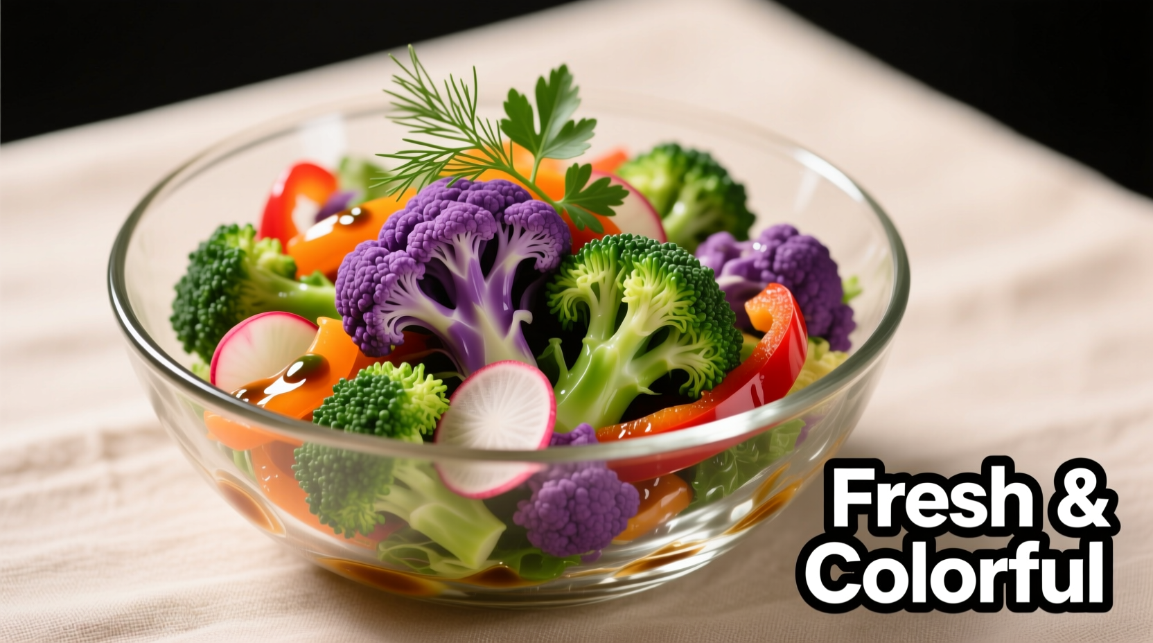 Colorful cauliflower and broccoli salad in glass bowl