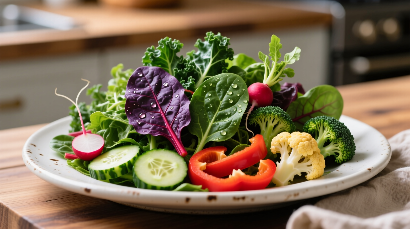 Colorful plate of vitamin K-rich leafy greens and vegetables