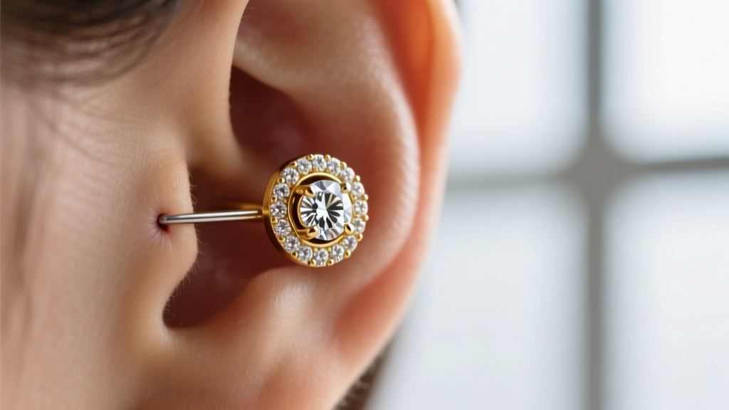 Macro photography of a 14k solid gold diamond halo stud earring being carefully inserted into a fully healed earlobe piercing