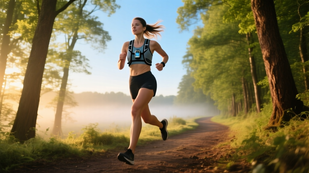 Female runner wearing a discreet clip-on body camera on the strap of her hydration vest while jogging on a wooded trail during morning