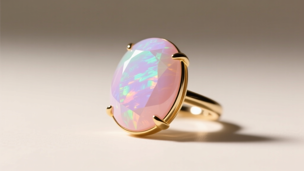Side view of a natural pink common opal cabochon in a gold bezel setting, showing its opaque pastel hue and smooth matte surface.