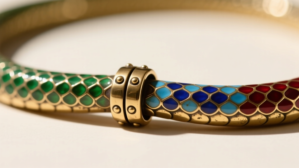 Macro shot of a vintage brass posable snake necklace riveted tail joint, showing intricate patina and cold enamel scale details.